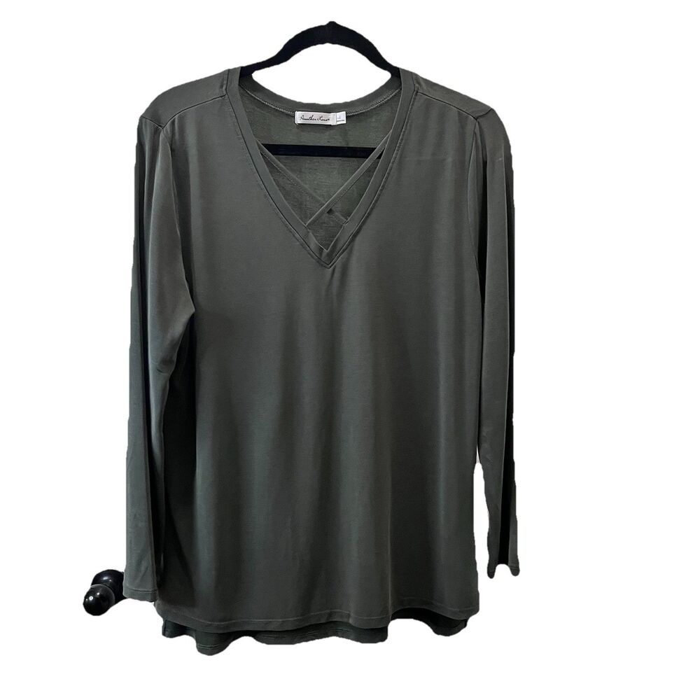 Another Love Green Long Sleeve Criss Cross Cage Neck Modal Blend Top Womens Sz L